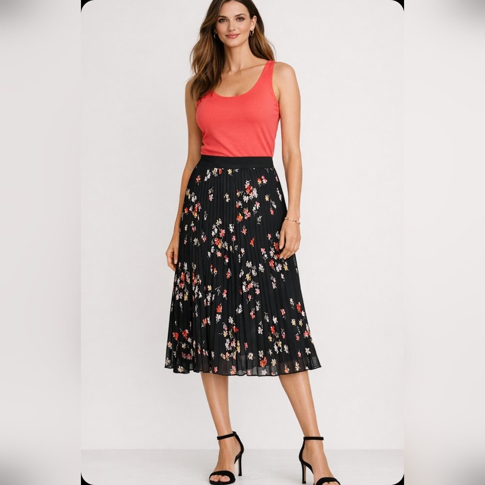 (354) ANN TAYLOR Floral Pleated Midi Skirt, Size 2
